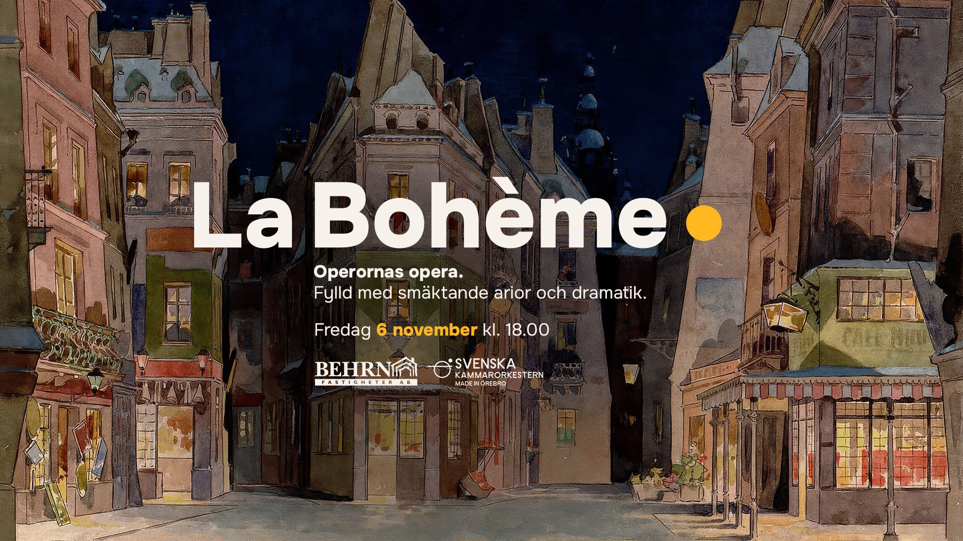 En illustrerad gata i Paris bakom texten "La Bohème - 6 november kl 18.00".