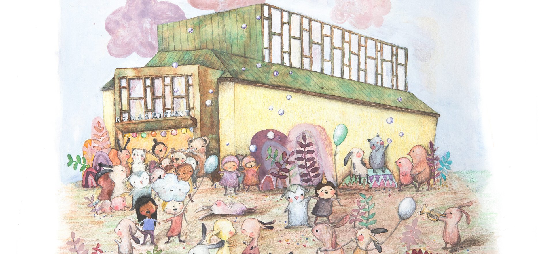 Illustration av Örebro Konserthus med glada figurer. Illustratör Nikki Green-Kunz