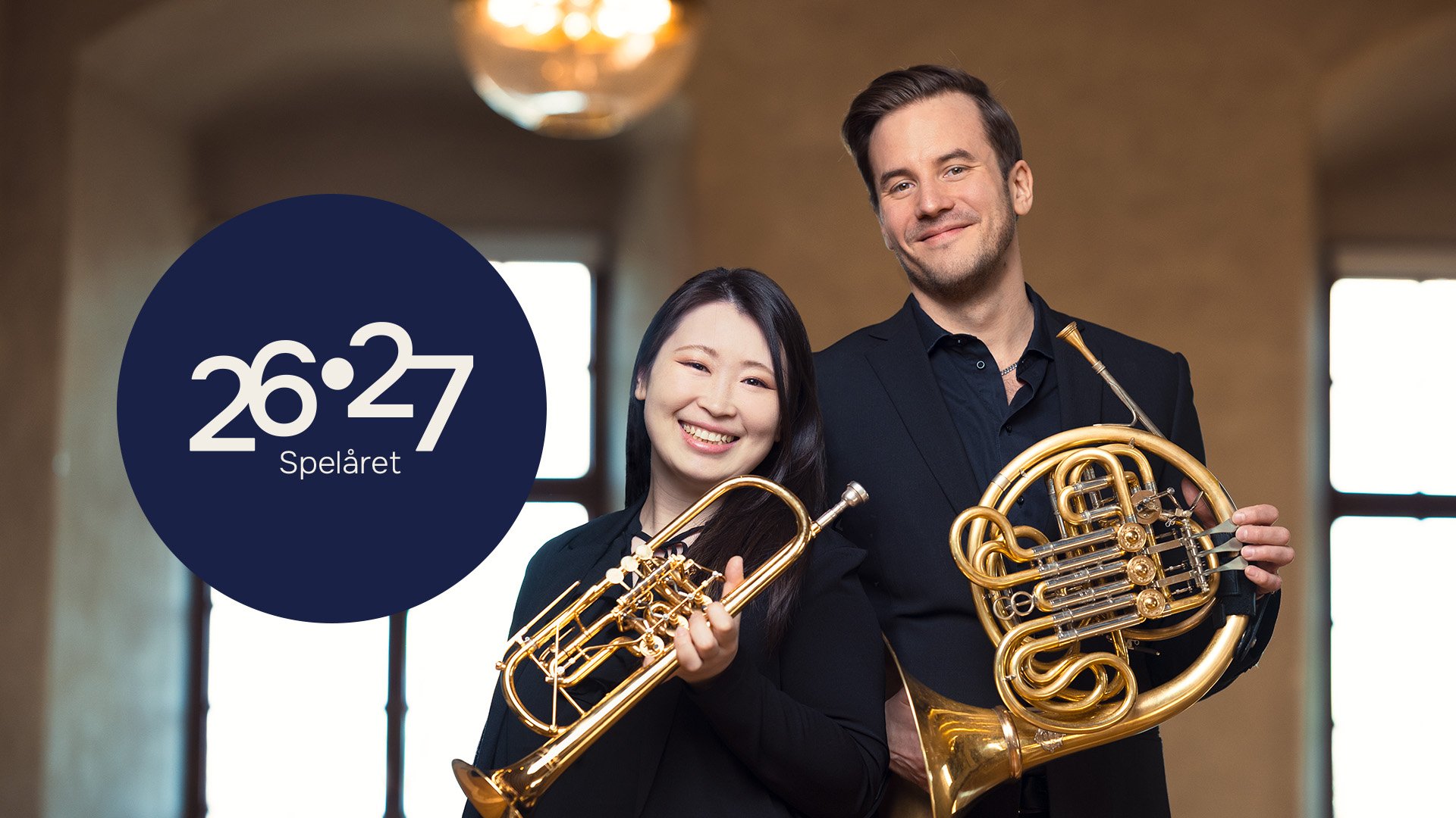 Foto på trumpetaren Runa Takada och hornisten Andreas Lundmark.