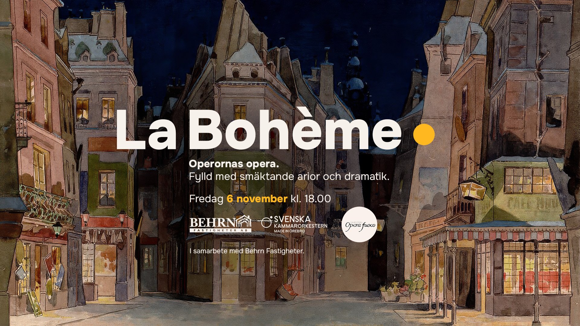 En illustrerad gata i Paris bakom texten "La Bohème - 6 november kl 18.00".