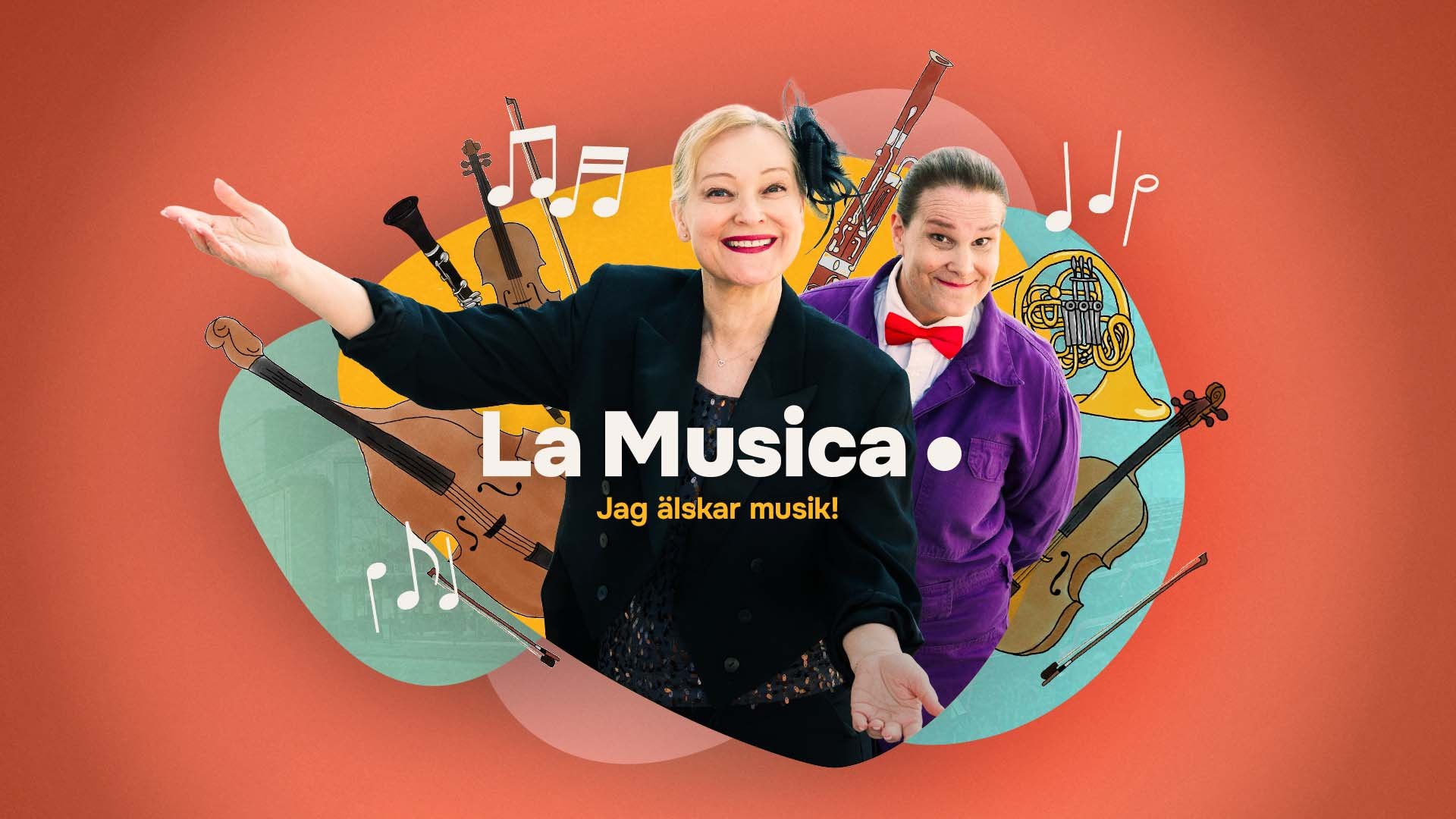 Bild på en duo leende skådeseplare bakom texten "La Musica - Jag älskar musik!"