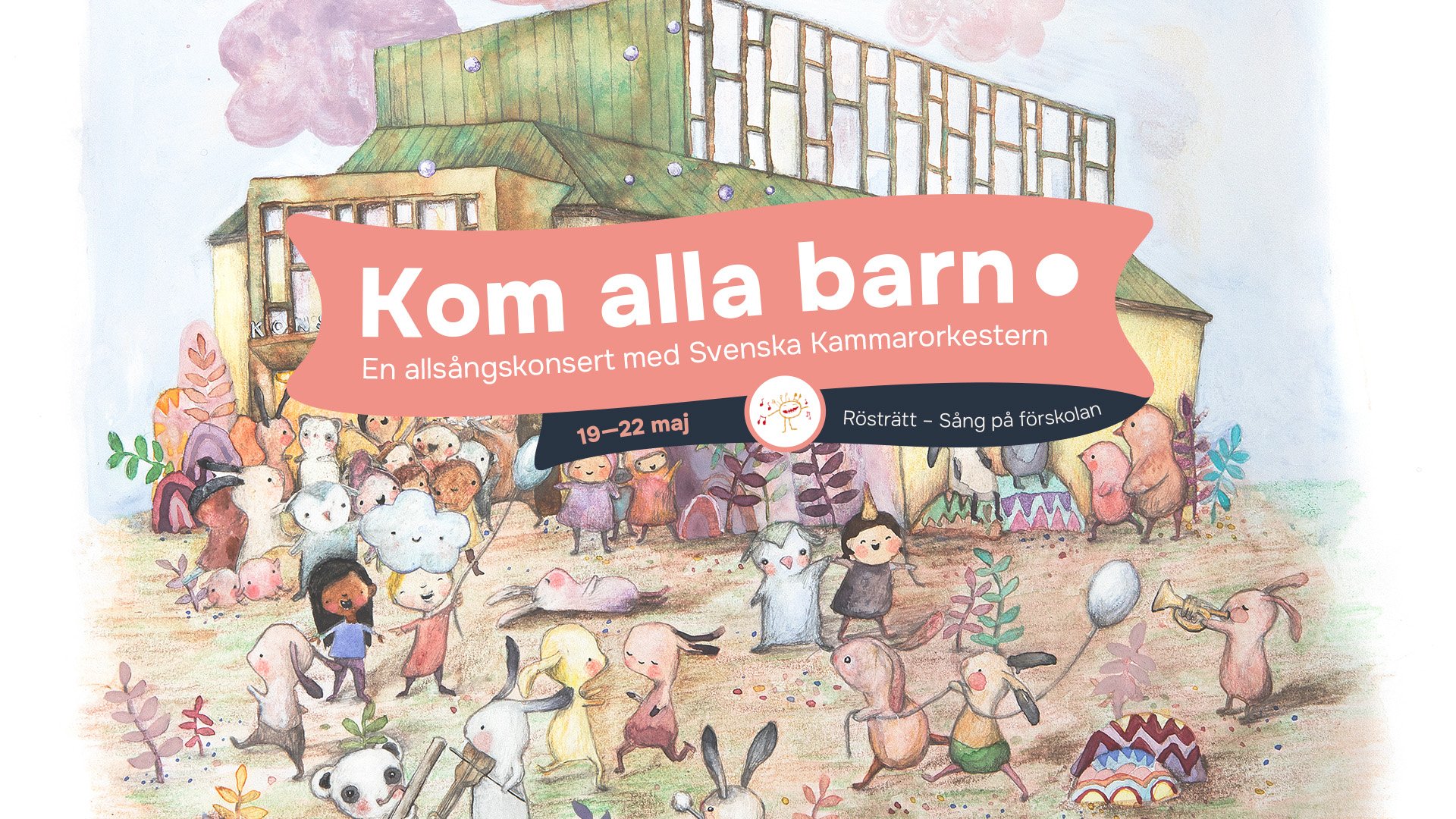 Illustration av små figurer utanför Örebro Konserthus med texten "Kom alla barn - En allsångskonsert med Svenska Kammarorkestern".