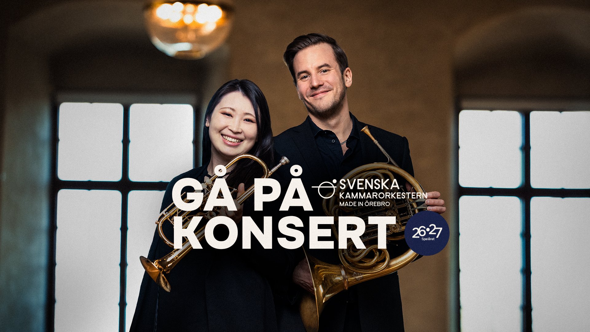 Porträtt på trumpetaren Runa Takada och hornisten Andreas Lundmark från Svenska Kammarorkestern.