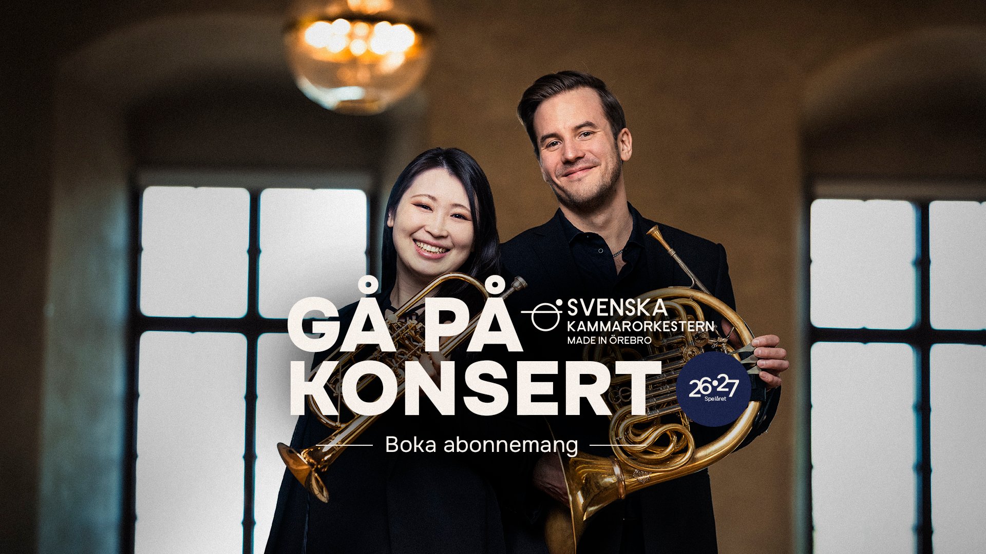 Porträtt på trumpetaren Runa Takada och hornisten Andreas Lundmark från Svenska Kammarorkestern.