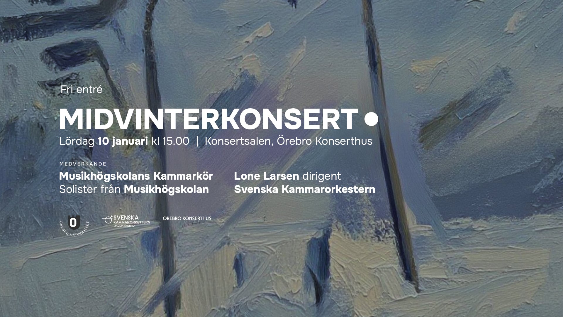 Abstrakt målning med texten Midvinterkonsert, lördag 10 januari kl 15.00.